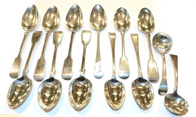 Lot 202 - A collection of George III and later flatware, including: eight various Fiddle pattern...