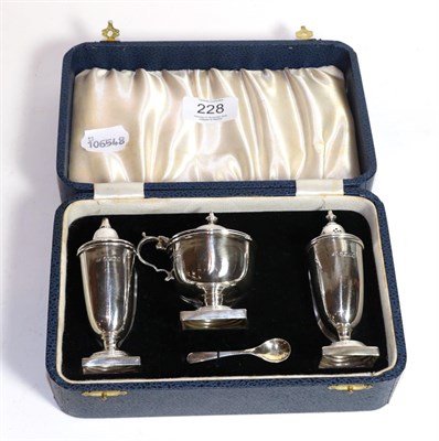Lot 228 - A cased four-piece George V silver condiment-set, by Viners, Sheffield, 1934, comprising a...