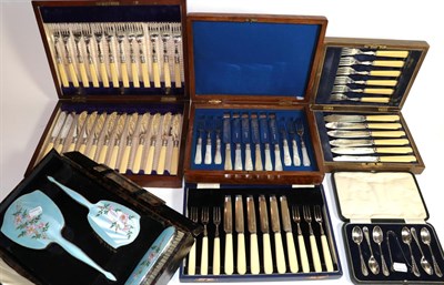 Lot 235 - A silver and guilloche enamel backed brush and mirror set, cased, together with a set of six silver