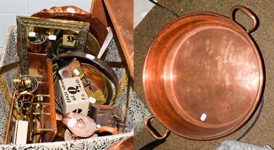 Lot 244 - Miscellaneous copper and brass wares, including large jam pan, postal scales, weights, etc