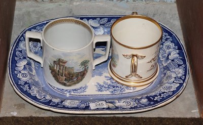 Lot 245 - An early 19th century hand painted and gilded loving cup with another, and a pearl ware meat plate
