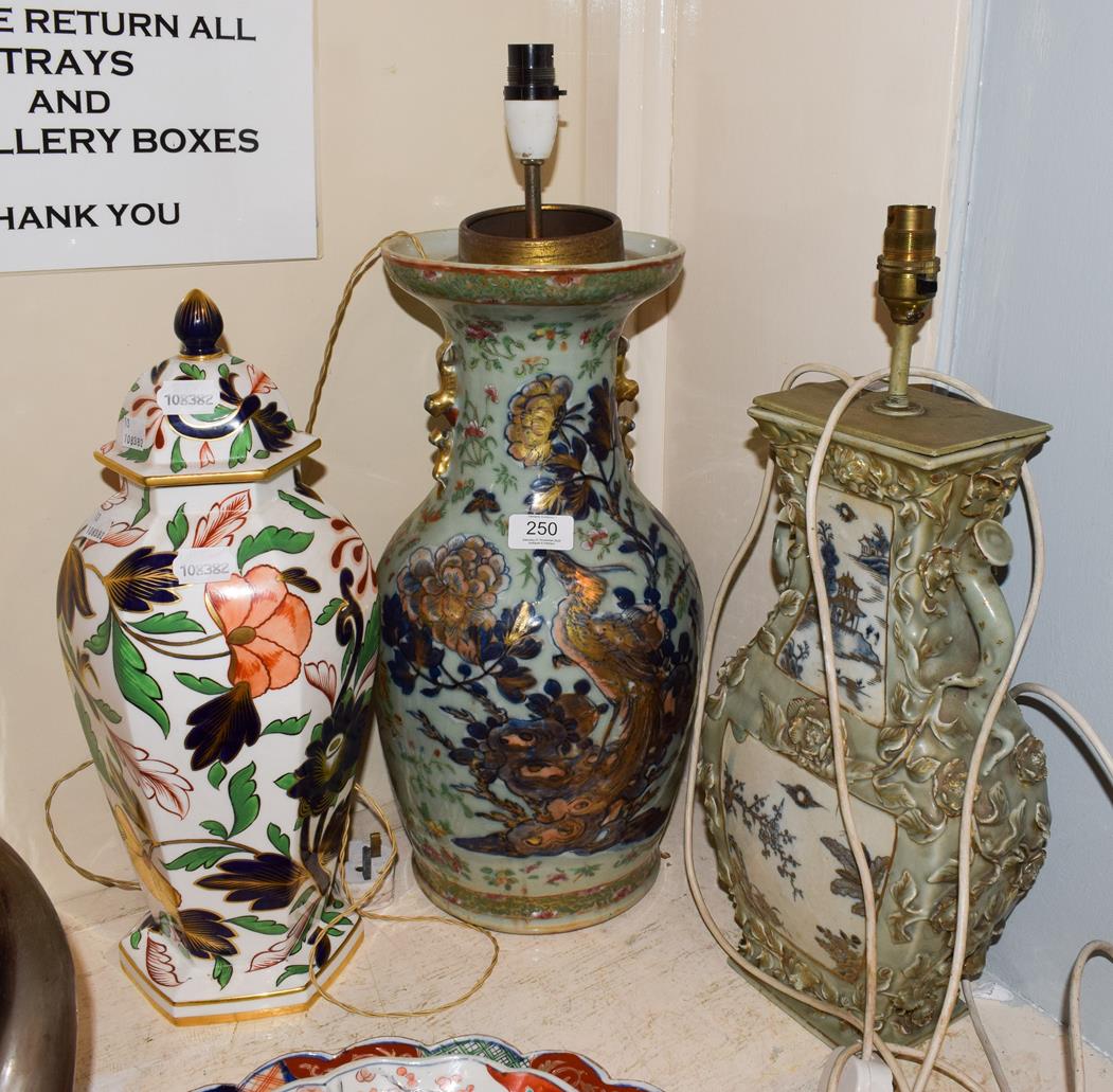 Lot 250 - Two Chinese celadon ground table lamps, 43cm high, converted from vases, together with a Royal...