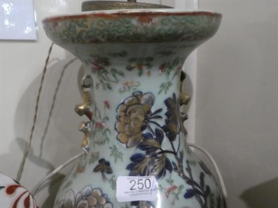 Lot 250 - Two Chinese celadon ground table lamps, 43cm high, converted from vases, together with a Royal...