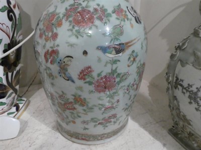 Lot 250 - Two Chinese celadon ground table lamps, 43cm high, converted from vases, together with a Royal...