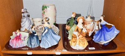 Lot 257 - Six Royal Doulton china figures including Sweet and Twenty HN1589, Maling vase, Wedgwood, etc...