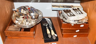 Lot 260 - A collection of assorted silver plate, including flatware, trays, etc (one shelf)