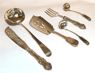 Lot 292 - Collection of flatware, to include a Scottish silver fish slice, a George III silver ladle,...