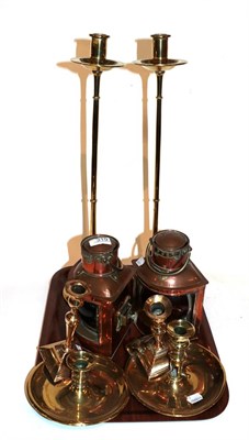 Lot 319 - A pair of copper ship's lanterns, labelled 'Port' and 'Starboard', 21cm high; together with...