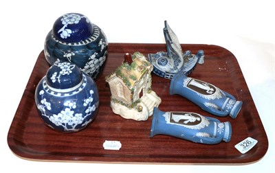 Lot 326 - Two Chinese ginger jars and covers, a Chinese blue and white boat, a Staffordshire pastille...