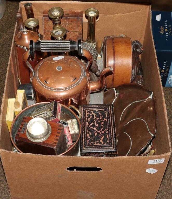Lot 327 - Various copper and brass wares with an Ever Ready lamp, leather collar box and other items