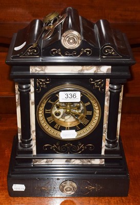 Lot 336 - A Victorian black slate and marble mantle clock with Roman dial and with visible escapement,...