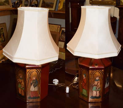 Lot 337 - A pair of modern decorative painted hexagonal metal table lamps with shades, bases 52cm high