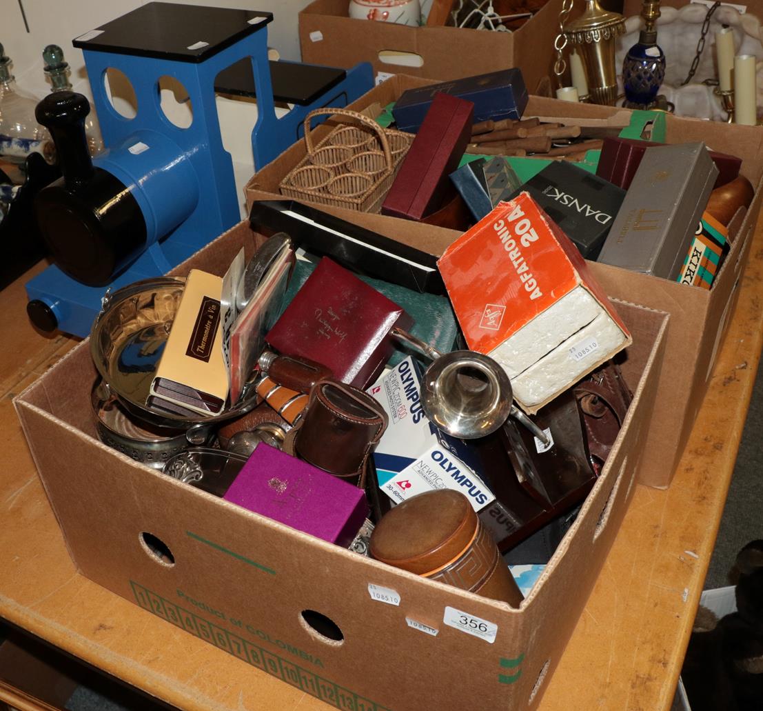 Lot 356 - Assorted silver plate, treen, cameras and other items including a child's blue ride-on train...
