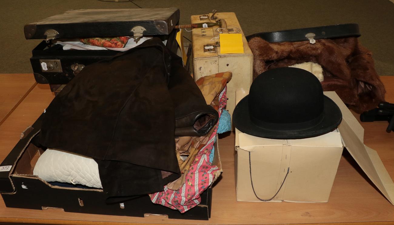 Lot 372 - Four vintage suitcases, one containing fur coats, stoles, belts and other items, another containing