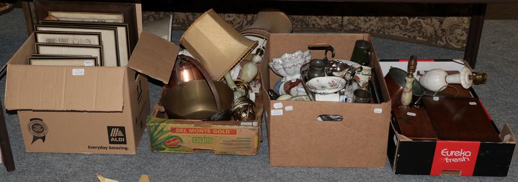 Lot 376 - Miscellaneous items, including 19th century tea caddy, various lamps, copper jam pan, assorted...