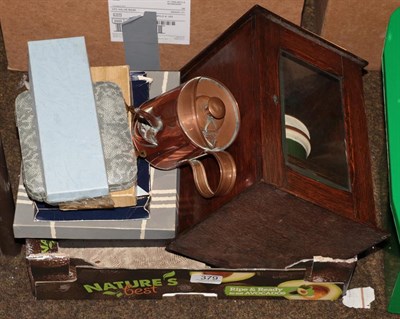 Lot 379 - An oak smokers cabinet with various cased sets of spoons and flat wares, a copper oil can, etc (one