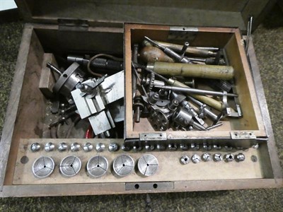 Lot 392 - A German Wolf John & Co watchmakers lathe, with lathe assortments including three jaw chuck,...