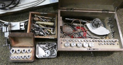 Lot 392 - A German Wolf John & Co watchmakers lathe, with lathe assortments including three jaw chuck,...
