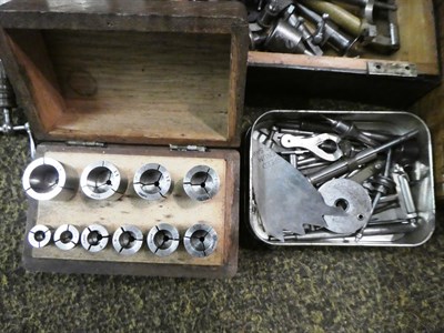 Lot 392 - A German Wolf John & Co watchmakers lathe, with lathe assortments including three jaw chuck,...