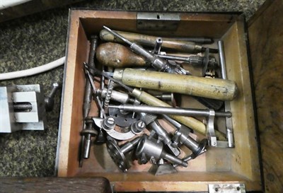 Lot 392 - A German Wolf John & Co watchmakers lathe, with lathe assortments including three jaw chuck,...