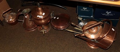 Lot 396 - A copper samovar, copper coal helmet, two copper kettles, etc