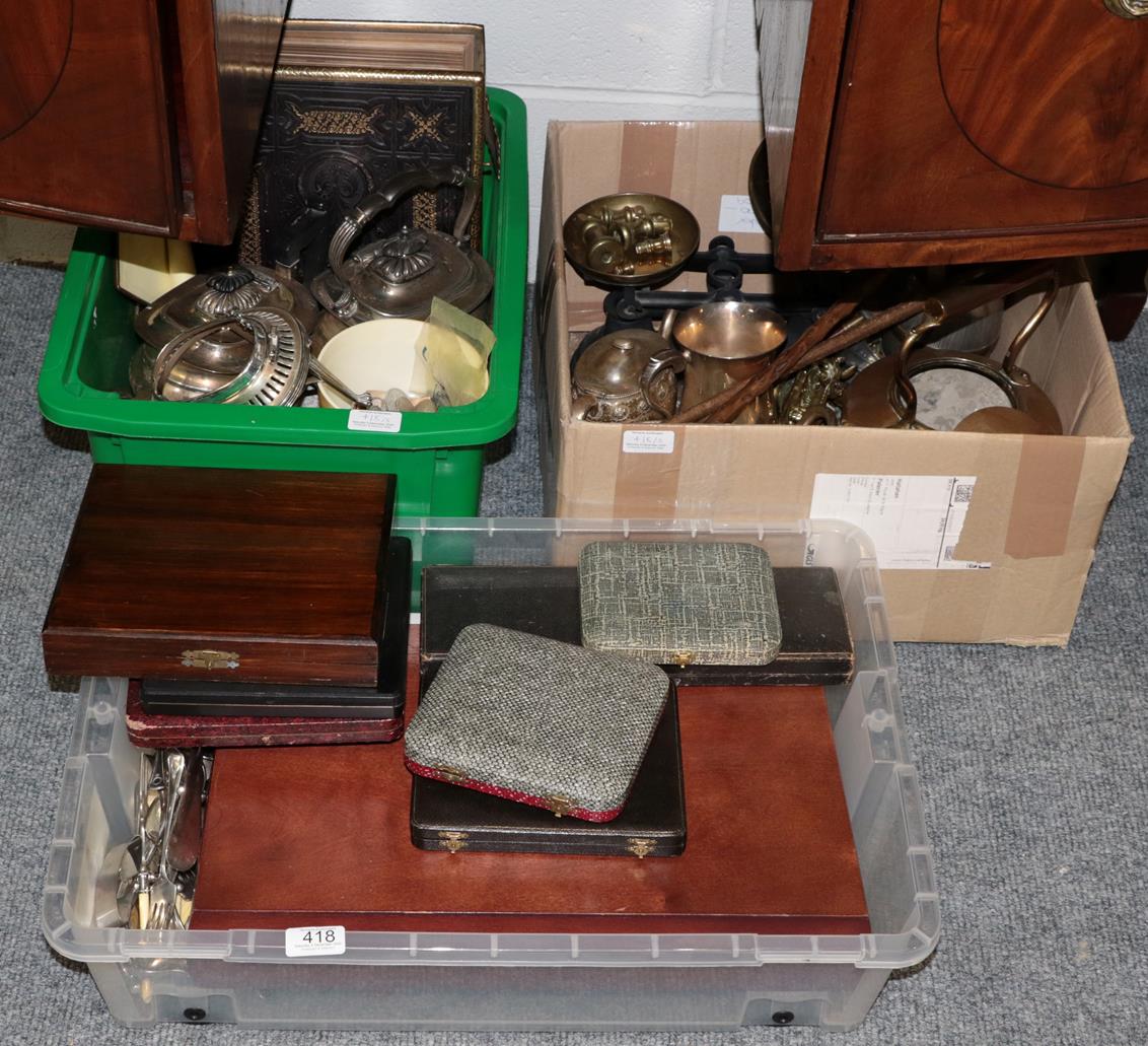 Lot 418 - Assorted silver plate, brass, a pair of scales, a family bible, various coinage, etc (three boxes)