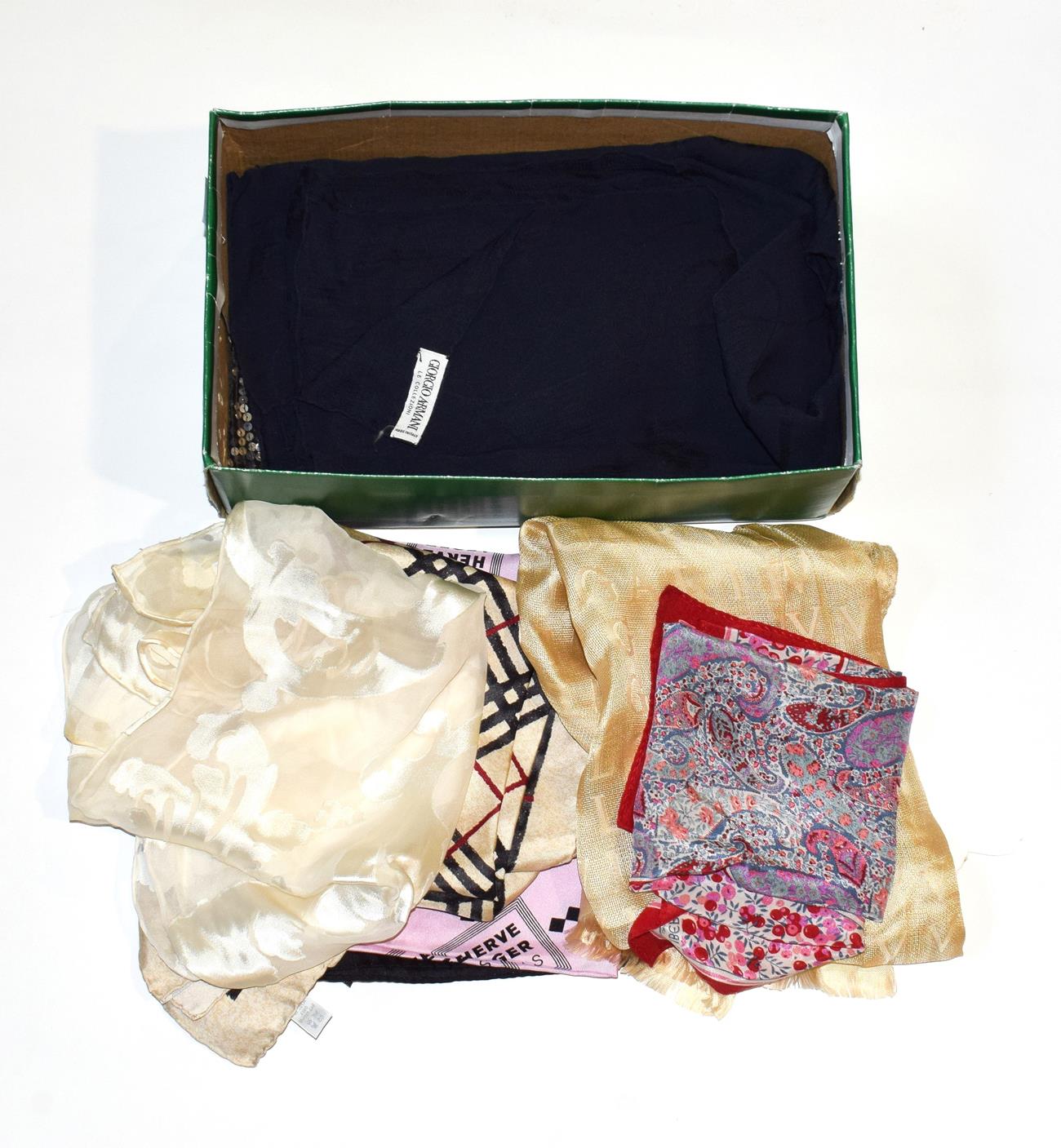 Lot 1000 - Assorted modern ladies scarves including two Liberty Comic Relief silk squares, Herve Leger...