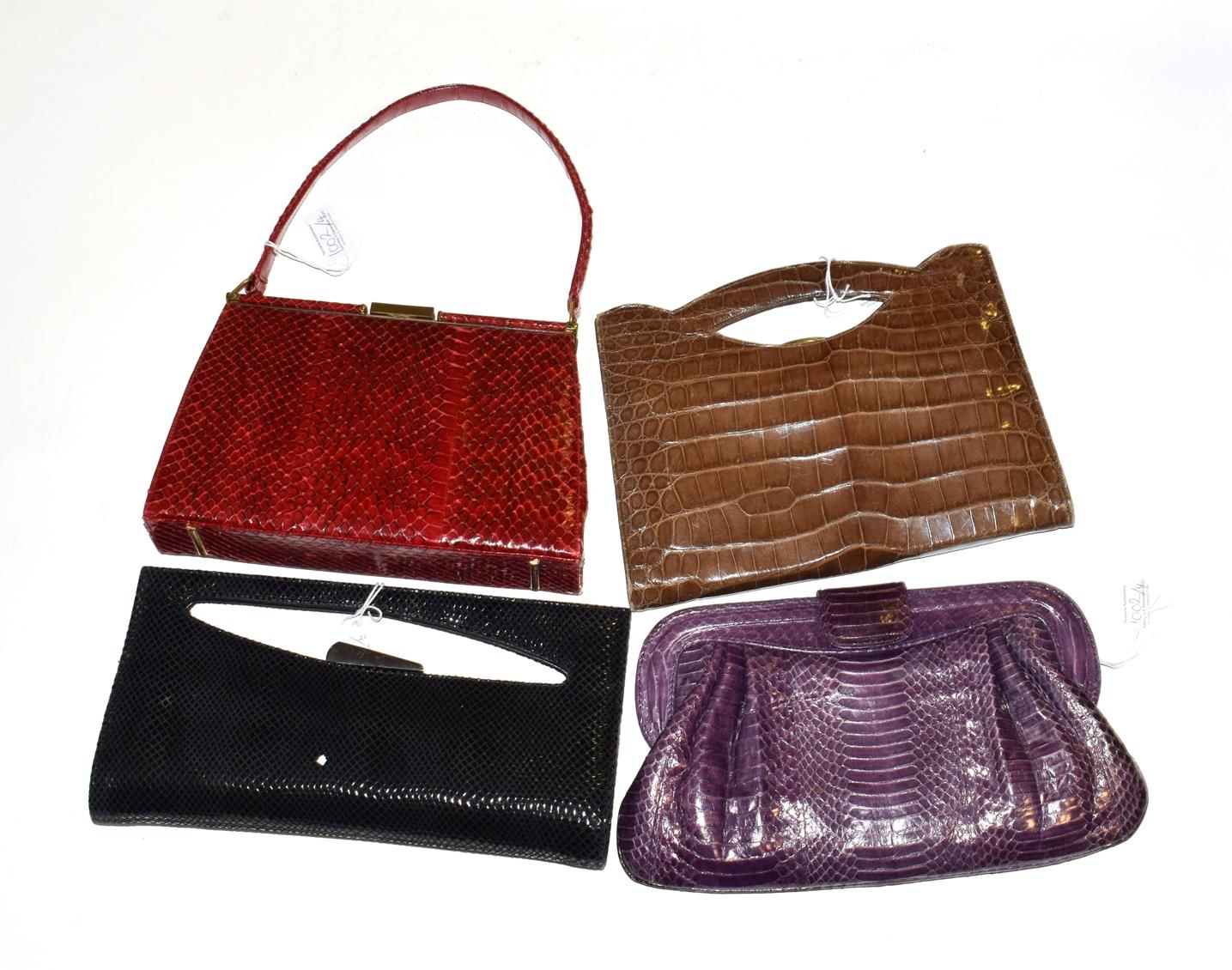 Lot 1002 - A red Fassbender handbag, a brown crocodile style bag with carrying handles and internal purse,...