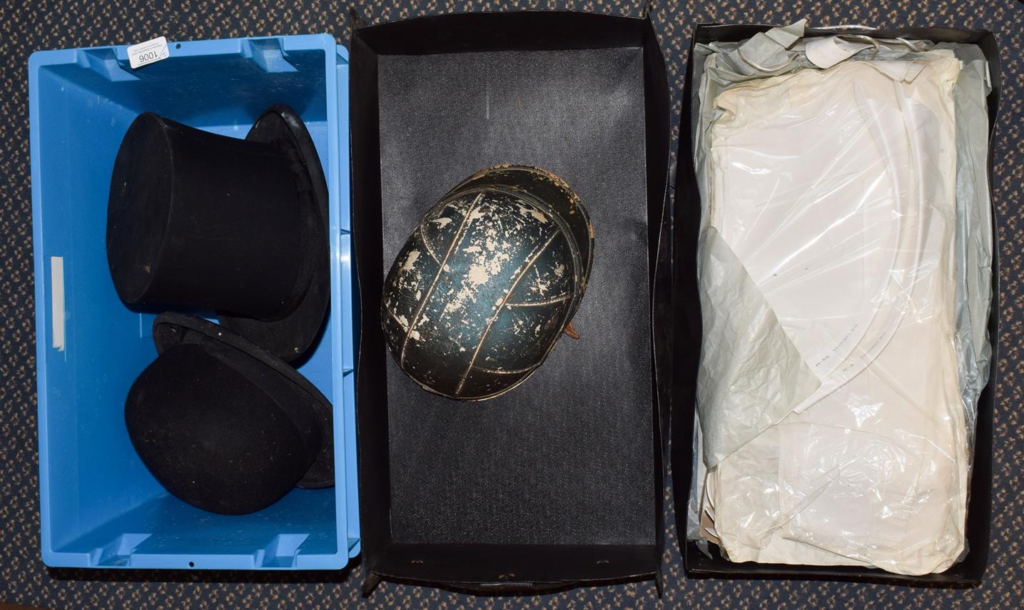 Lot 1006 - Locke & Co opera hat, a Bowler Hat, Polo cap, and a box of gents white dress shirts (two boxes)