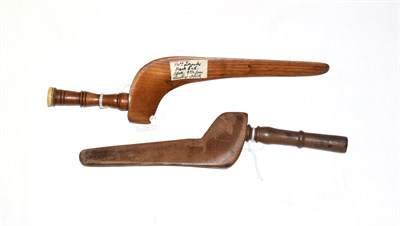 Lot 1019 - 19th century mahogany goose wing knitting sheath, with ring turned handle, bone mount and bears...
