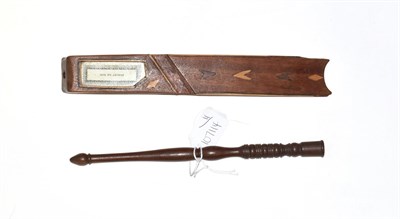 Lot 1020 - 19th century mahogany knitting sheath, with glass aperture and printed paper 'Forget me Not',...