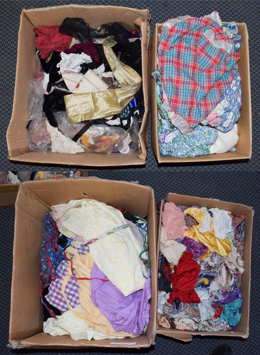 Lot 1030 - Four boxes including children's bedding, handkerchiefs, shawls, crewel work and printed panels etc