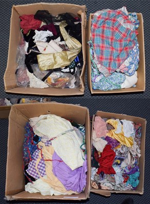Lot 1030 - Four boxes including children's bedding, handkerchiefs, shawls, crewel work and printed panels etc
