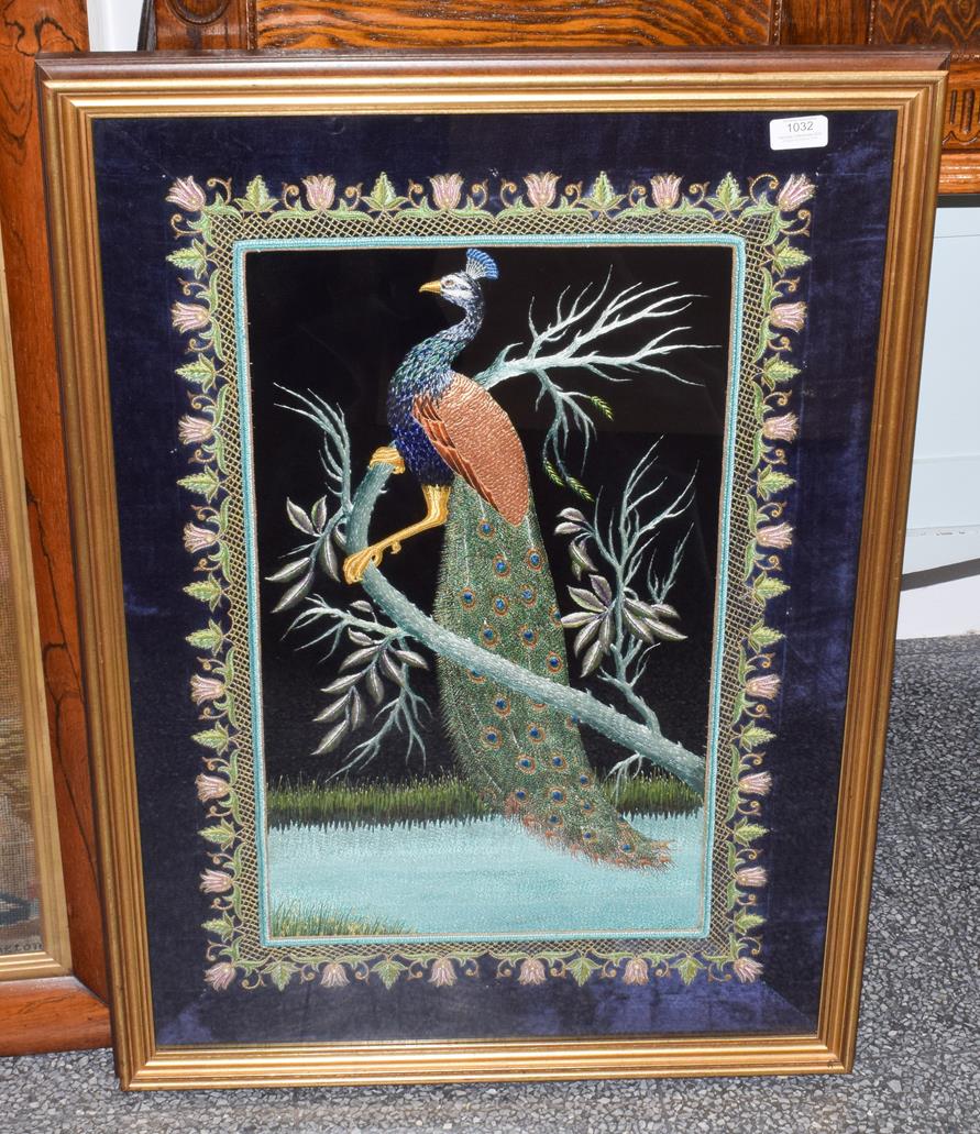 Lot 1032 - Modern decorative embroidered picture of a peacock on a velvet ground, worked in silk and gilt...