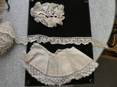 Lot 1034 - Assorted textile accessories including lace trims, sleeve ends, embroidered panels, Chinese...