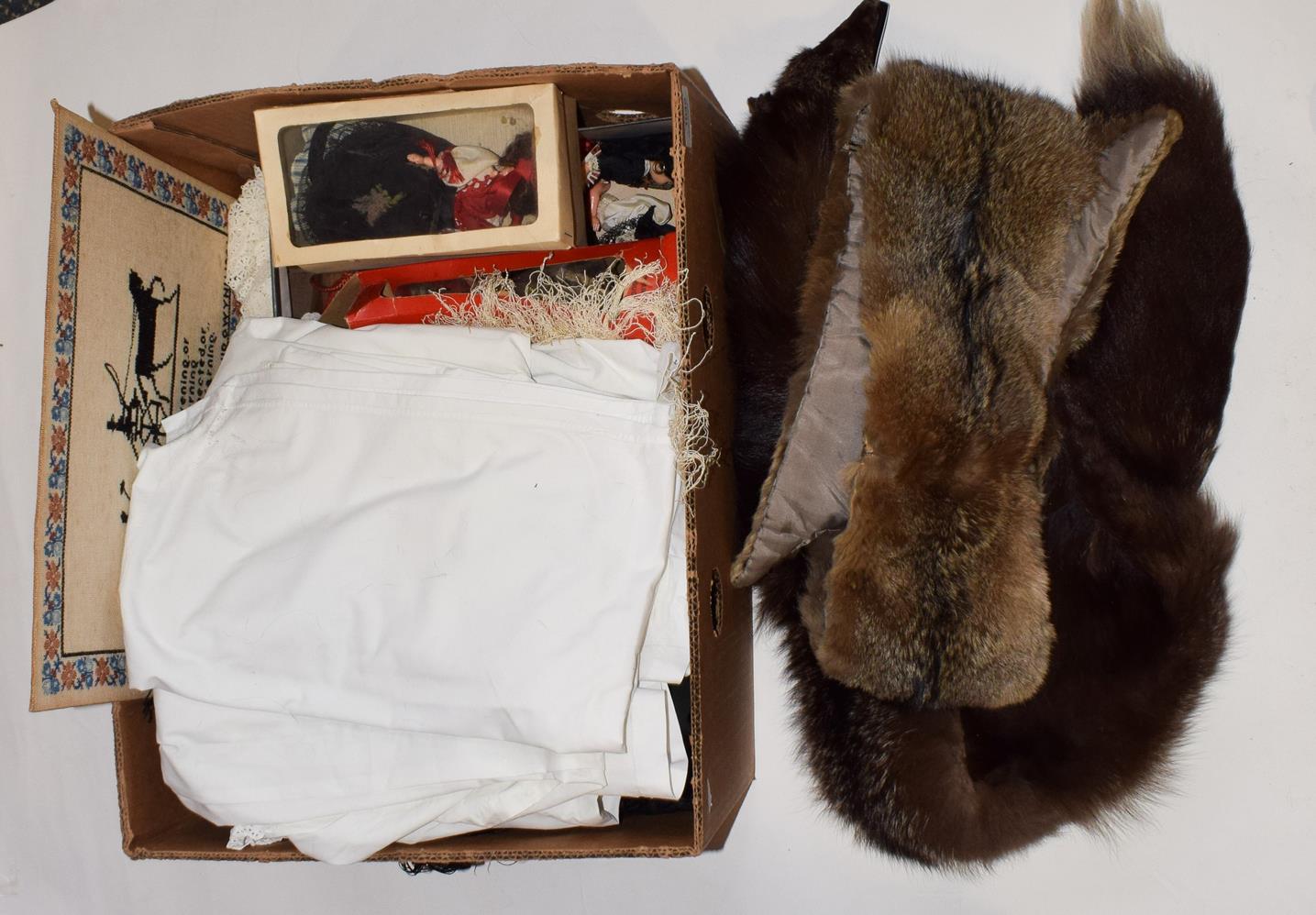 Lot 1049 - Assorted costume dolls; fox fur stole, another; ladies white cotton nightdresses; baby robes, cream