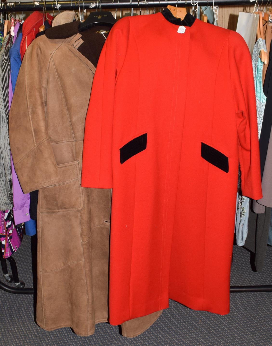 Lot 1054 - Frimble of Ripon red wool long coat with black velvet nehru collar, long sleeves, button...