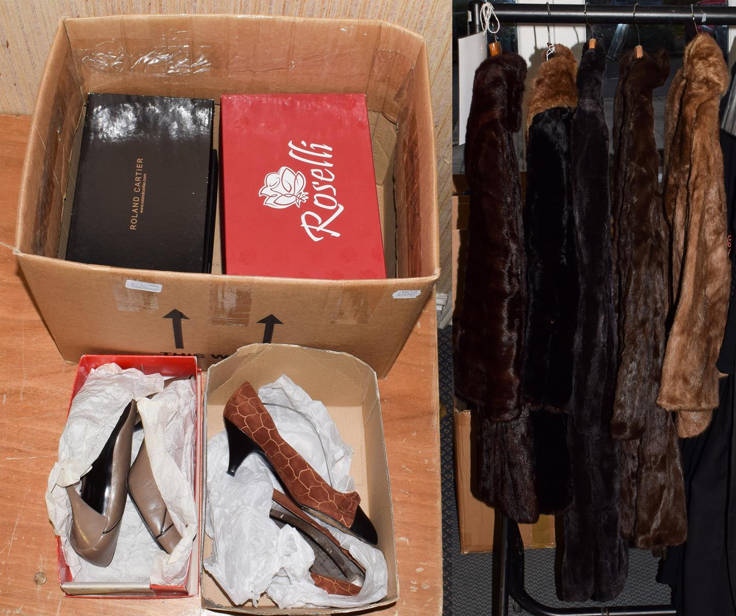 Lot 1070 - Five assorted fur coats and jackets, including moleskin, squirrel etc and six pairs of ladies...