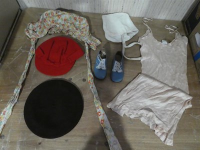 Lot 1079 - Assorted mid 20th century blankets and costume including CC41 Red Cross blanket, aprons, and...