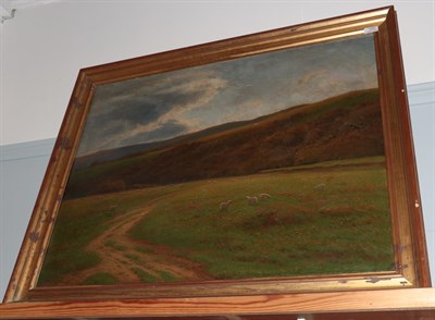 Lot 1082 - Joseph Knight (1837-1909), Sheep grazing in an expansive landscape, signed and dated 1901, oil...
