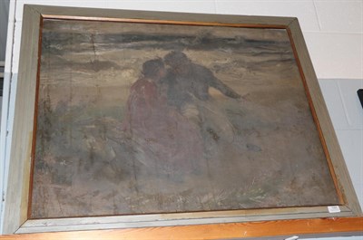 Lot 1083 - Circle of Hugh Munro (1873-1928) Scottish, Two figures by the sea in a romantic tryst, oil on...