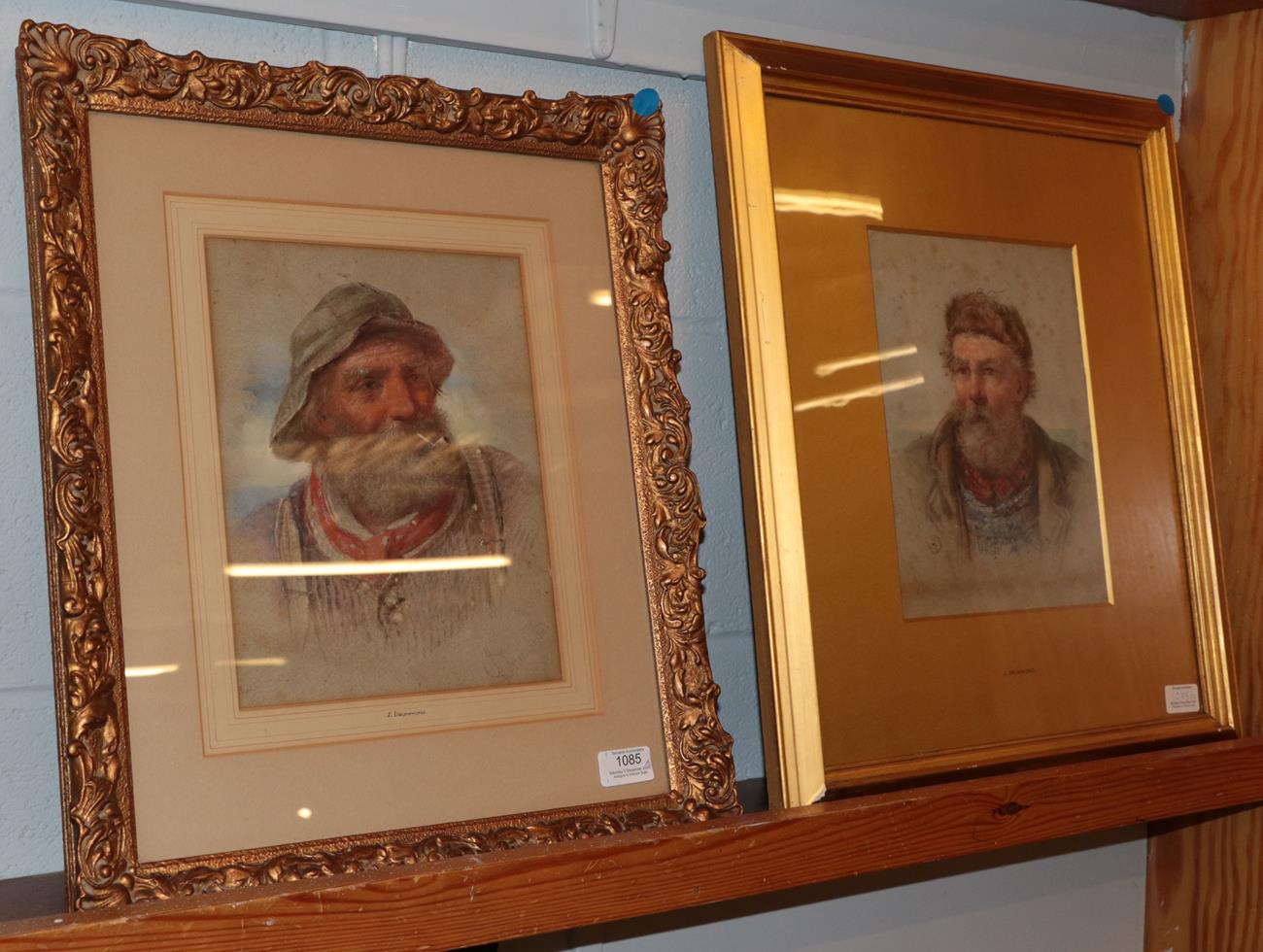 Lot 1085 - J Drummond (19th Century) Fisherman smoking a pipe, head and shoulders, signed, watercolour,...