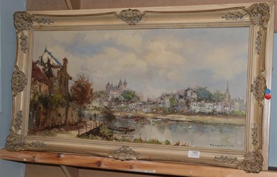 Lot 1093 - Continental School (20th Century) A view of a river with town beyond, indistinctly signed, oil...