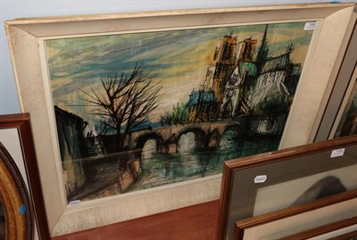 Lot 1095 - R* Benard? (mid-20th Century) Church on a river, possibly Notre-Dame de Paris, signed and dated...