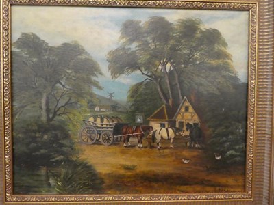 Lot 1102 - E*Beedham (Early 20th Century) Horses at rest, watering outside an inn, dated 1916, oil on...