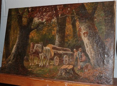 Lot 1114 - British School (19th century) , Logging scene with figures and a horse and cart, indistinctly...