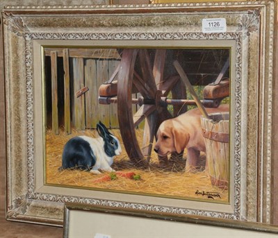 Lot 1126 - Alan Butterworth (Contemporary) Labrador puppy, rabbit and carrots, signed, oil on canvas, 23cm...