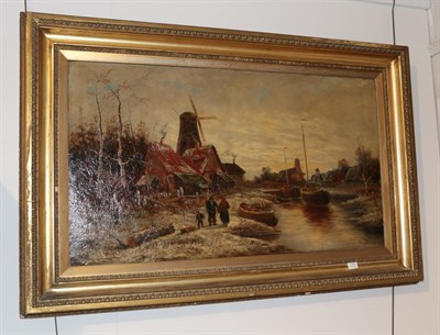 Lot 1132 - * Van Staten, Dutch village scene by a canal, signed, oil on canvas, 60cm by 106cm