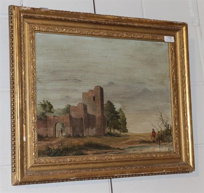 Lot 1136 - British school (20th century) Figures amongst a ruin, indistinctly signed, oil on board, 38cm...