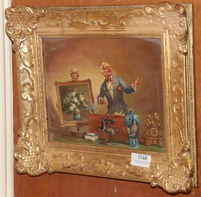 Lot 1148 - Louis Jennings (20th century) 'The Auctioneer' signed and inscribed verso, oil on board, 19cm...